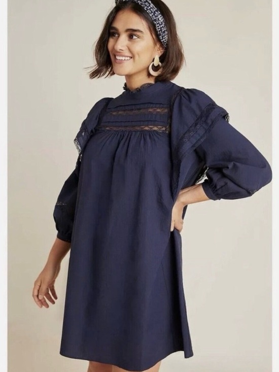 Maeve Dresses & Skirts - Maeve Fleetwood Navy Tunic Lace Puff Sleeve Mini Dress Cotton New England Size 8